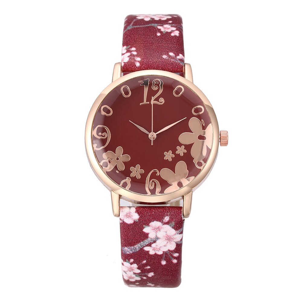 Ladies Floral Dial Leather Bracelet Watch