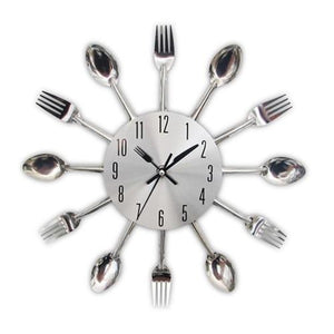 Unique Noiseless Stainless Steel Cutlery Wall Clock Silver