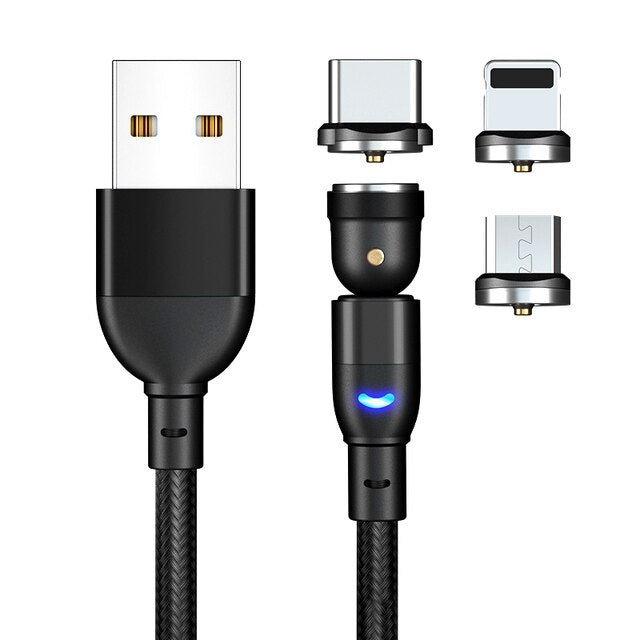 540° Rotating Magnetic Charging Cable Adaptable For Micro USB, USB Type C, Or Iphones 8pin - Cable And Micro USB Type C And Iphone 8pin Adapters