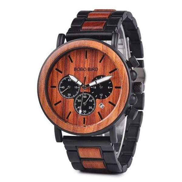 BOBO BIRD Mens Chronograph Wood Watch Add A Message P09 Dark Wood Band