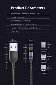 540° Rotating Magnetic Charging Cable Adaptable For Micro, USB Type C, Or Iphones